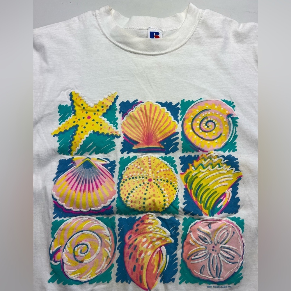 Russell Tiger Rags 1990 Seashell Tee Shirt Size XL USA Vintage 90s Souvenir